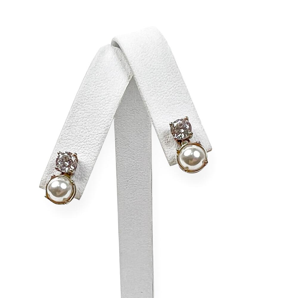 Faux Pearl Rhinestone Earrings Fashion Clear Faceted Post Pierced Small Dainty
